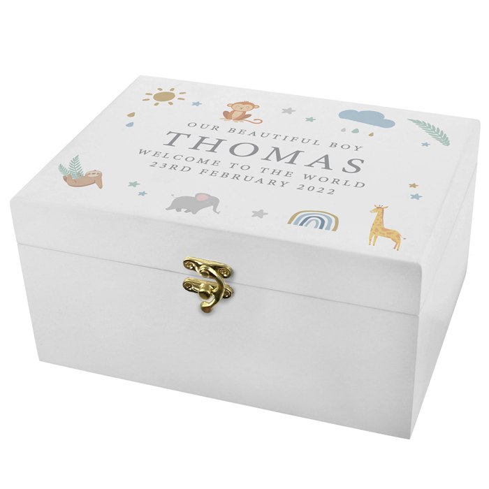 Personalised Safari Animals White Wooden Keepsake Box | SpecialMoment.co.uk
