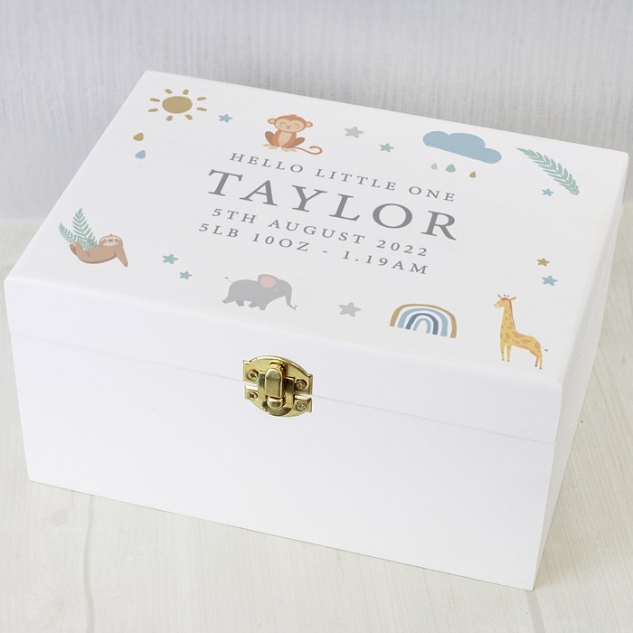 Personalised Safari Animals White Wooden Keepsake Box | SpecialMoment.co.uk