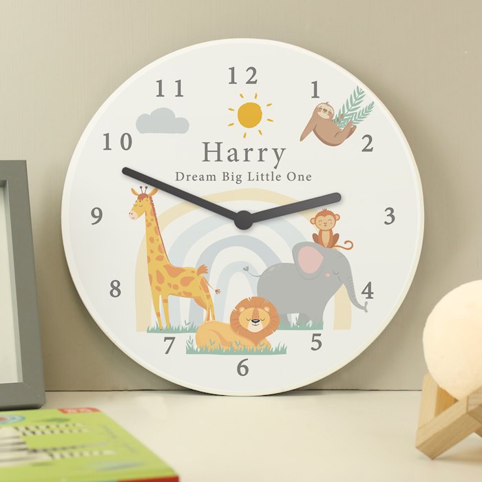 Personalised Safari Animals Wooden Nursery Clock