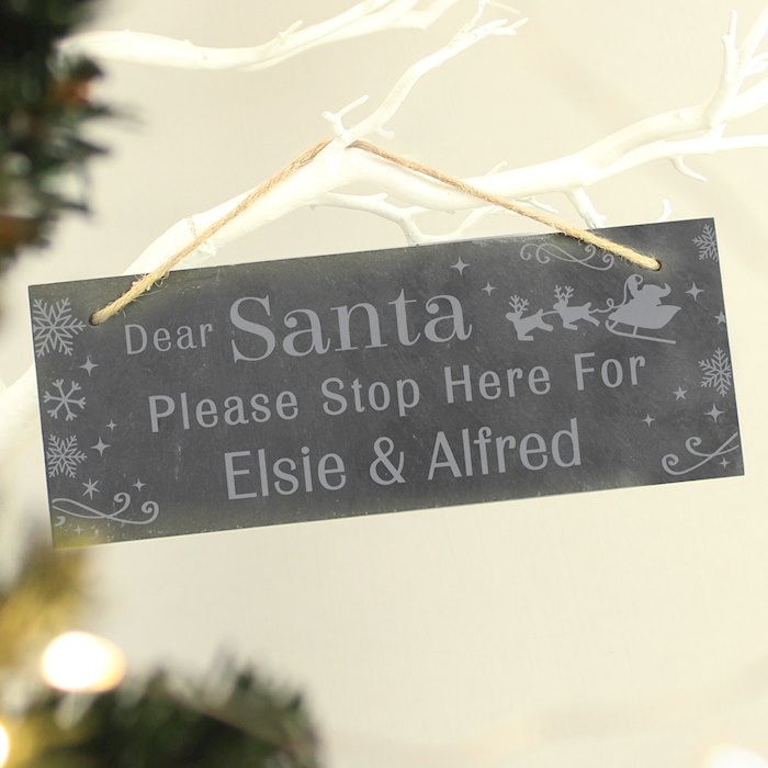 Personalised Santa Please Stop Here... Hanging Slate Sign