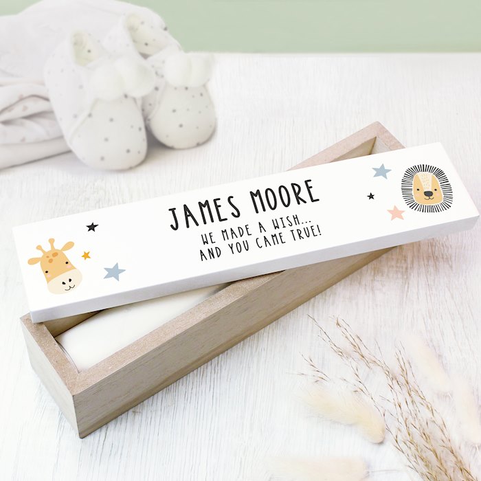 Personalised Scandi Safari Animals Wooden Birth Certificate Holder