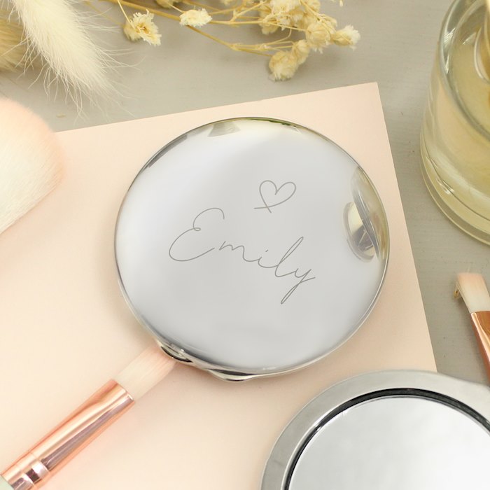 Personalised Silver Heart Motif Round Compact mirror