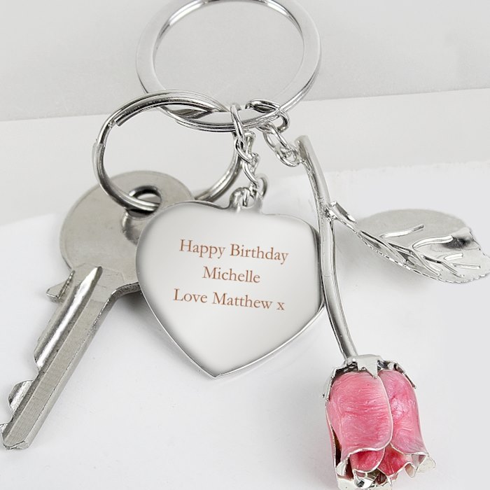 Personalised Silver Plated Pink Rose Keyring SpecialMoment.co.uk