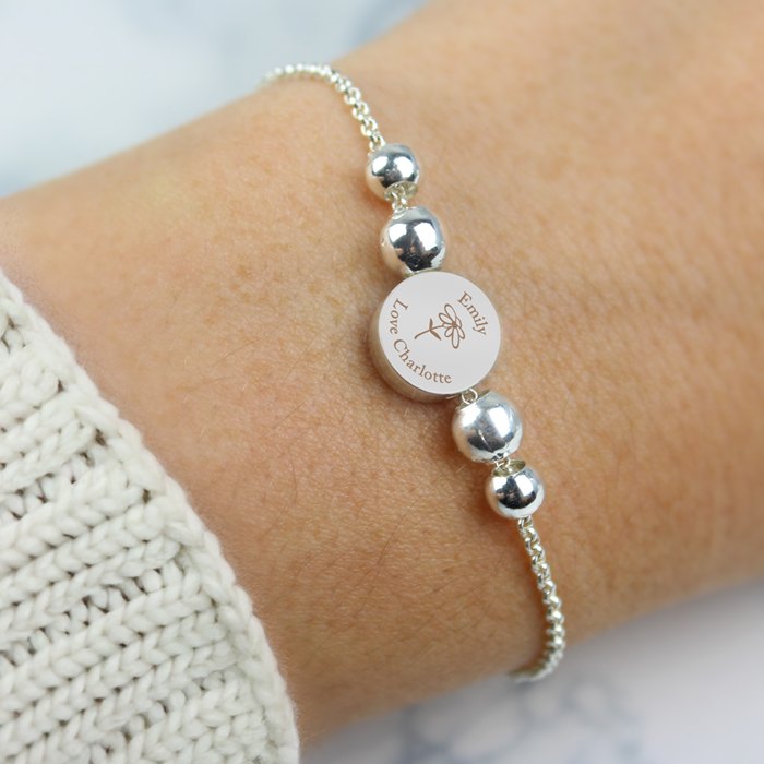 Personalised Silver Tone Flower Disc Bracelet