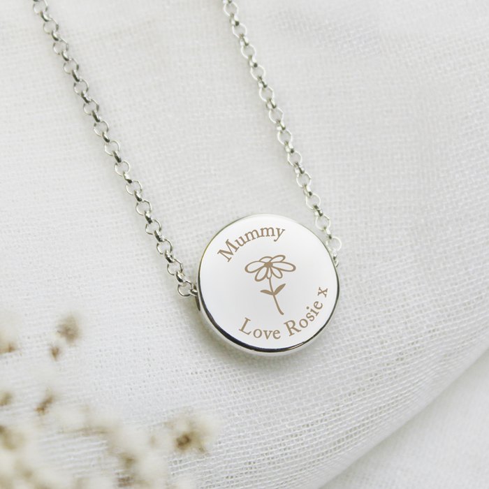 Personalised Silver Tone Flower Disc Necklace