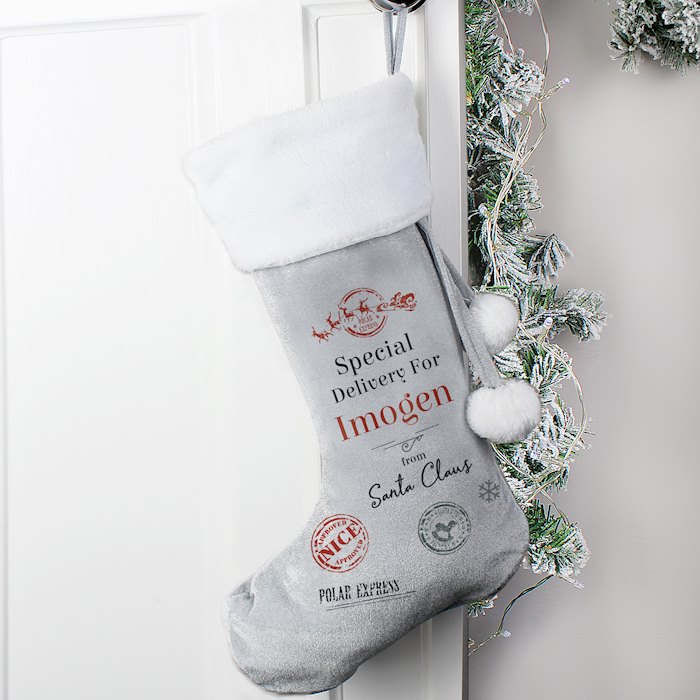 Personalised Special Delivery Silver Grey Stocking