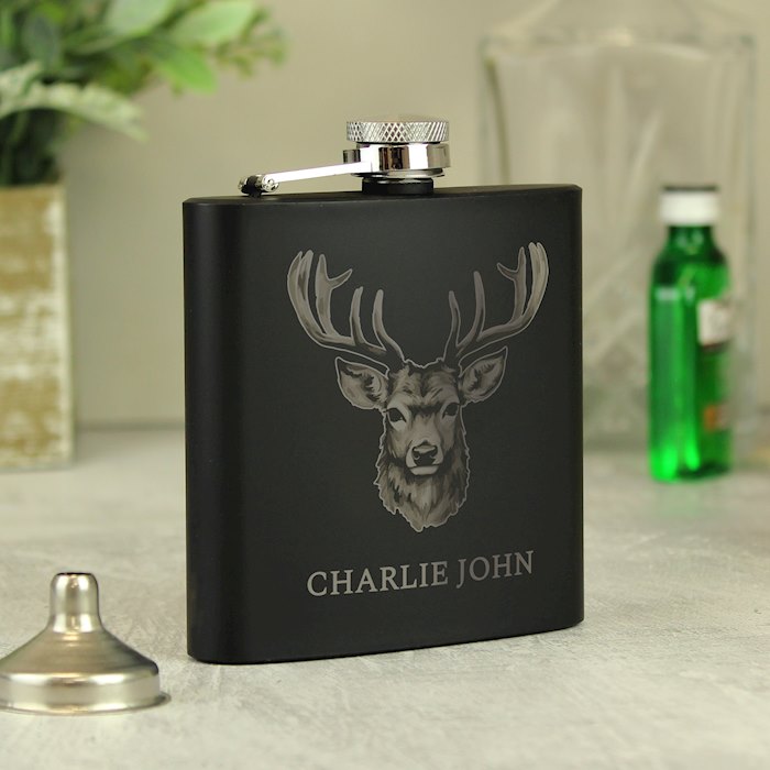 Personalised Stag Black Hip Flask