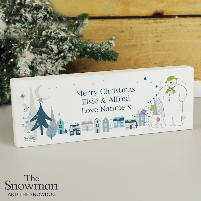 Personalised The Snowman and the Snowdog Wooden Mantel Decoration