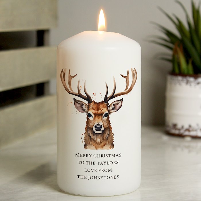 Personalised Watercolour Stag Pillar Candle