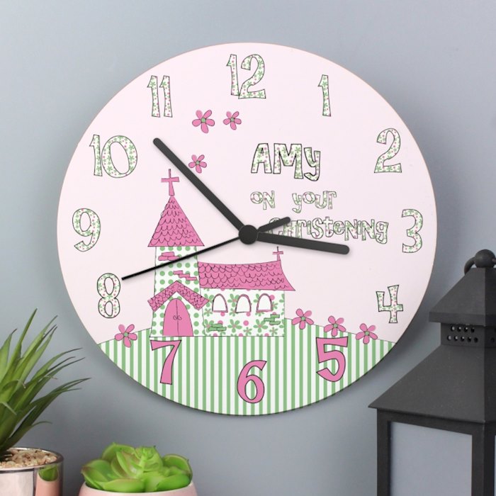 Personalised Whimsical Church Christening Wooden Clock