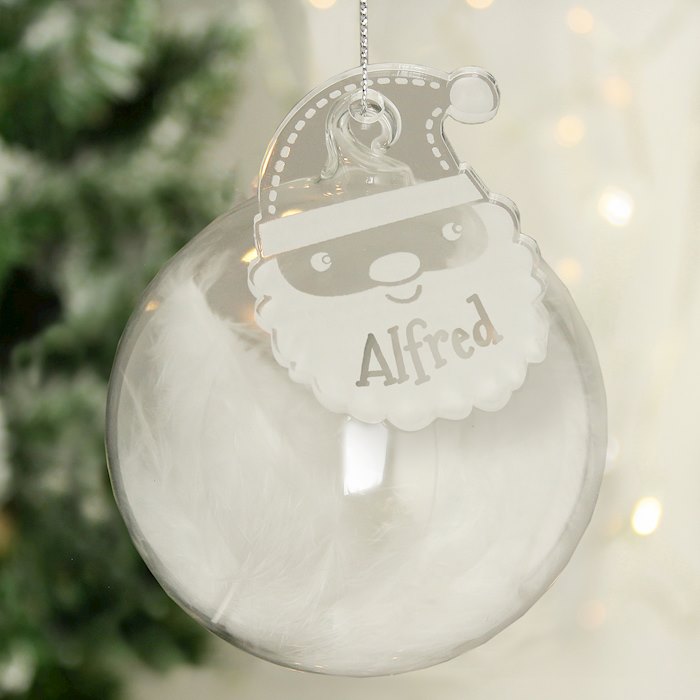 Personalised White Santa Feather Glass Bauble