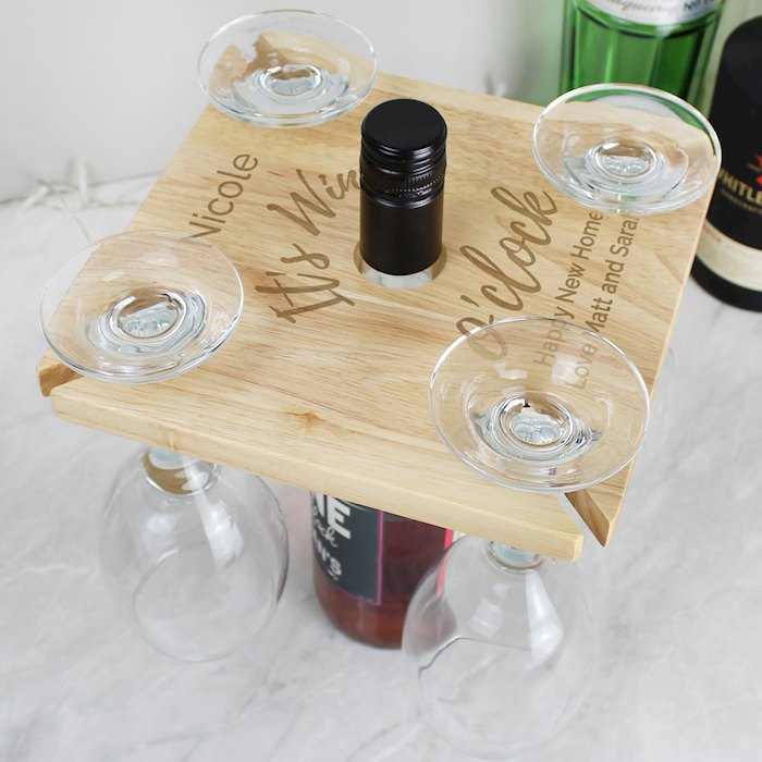 Personalised Wine O'clock Four Wine Glass Holder & Bottle Holder