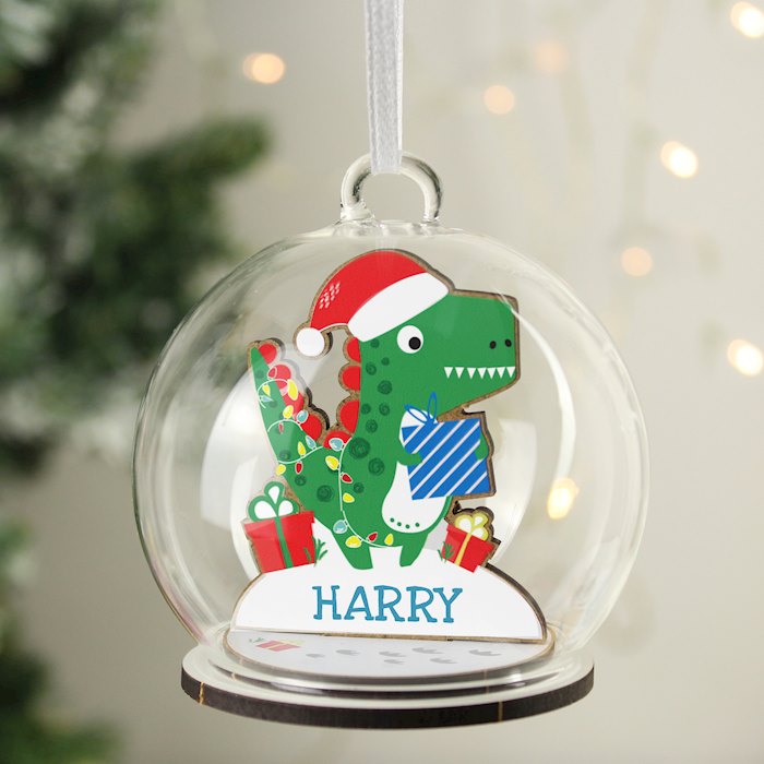 Personalised Wooden Dinosaur Glass Bauble