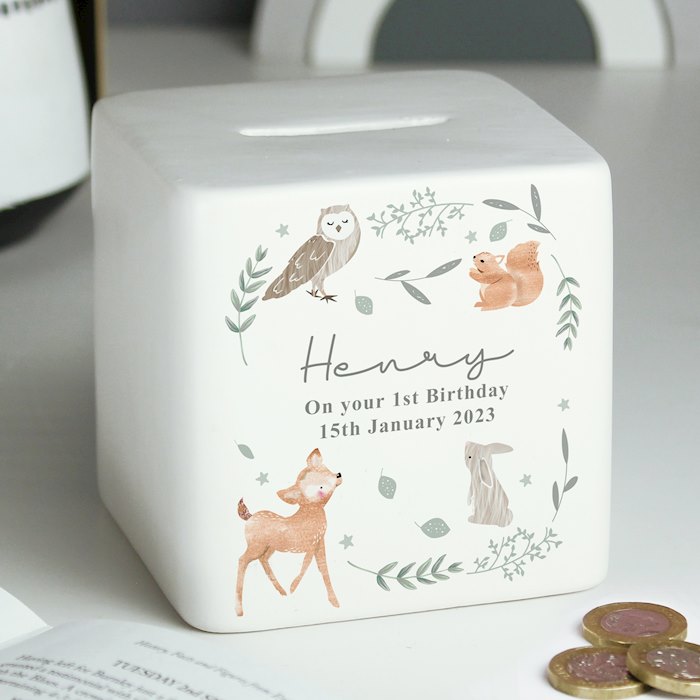 Personalised Woodland Animals Ceramic Square Money Box SpecialMoment.co.uk