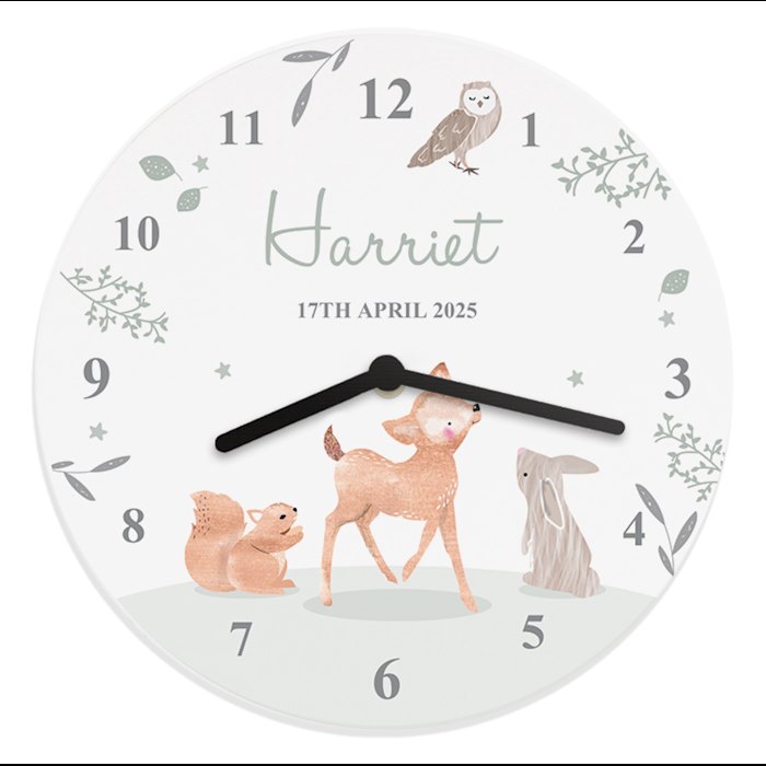 Personalised Woodland Animals Wooden Nursery Clock | SpecialMoment.co.uk