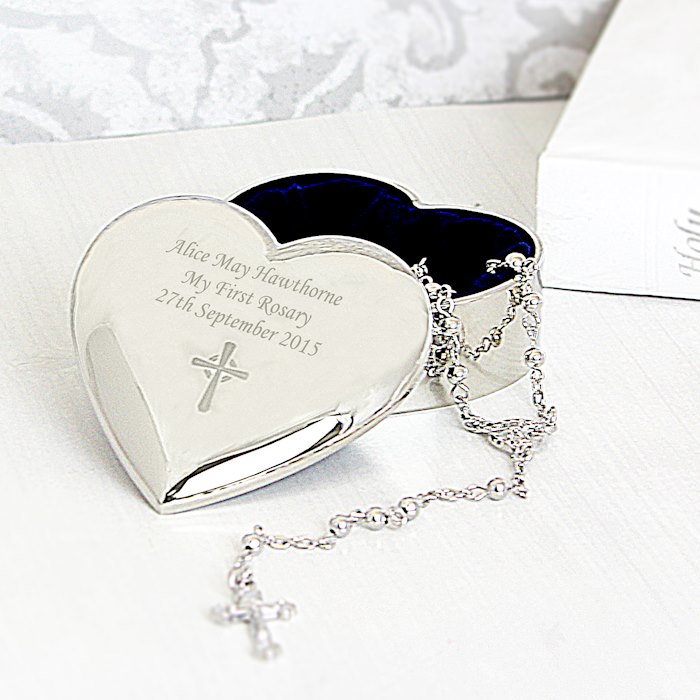 Personalised Rosary Beads and Cross Heart Trinket Box