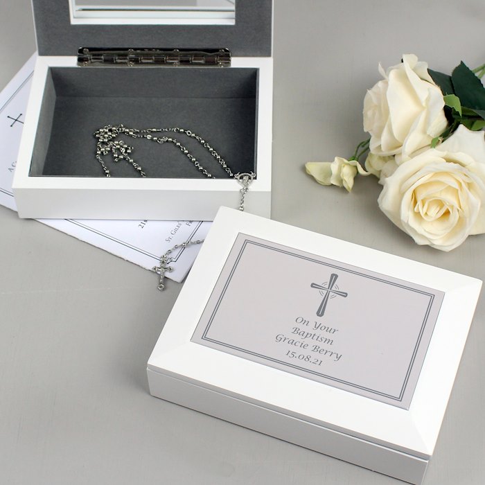 Personalised Silver Cross White Wooden Keepsake Box SpecialMoment.co.uk