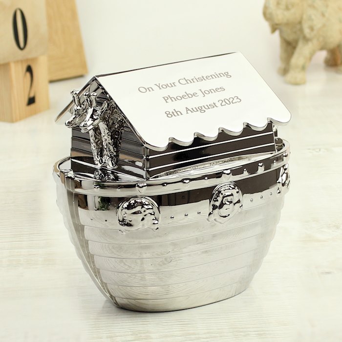 Personalised Silver Noah's Ark Money Box, Christening/Birthday Gift