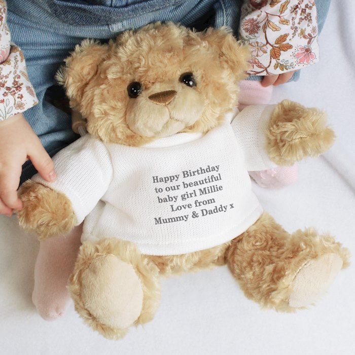 Personalised Tatty Grey Teddy Bear Fleece Blanket – Embroidered Baby Shower Gift, Unisex