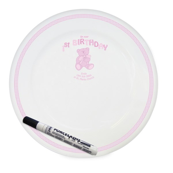 Teddy Pink 1st Birthday Message Plate Specialmoment Co Uk