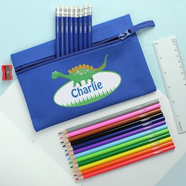 Blue Dinosaur Pencil Case with Personalised Pencils & Crayons