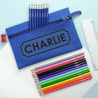 Blue Pencil Case with Personalised Pencils & Crayons