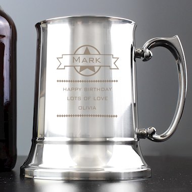 Personalised Stainless Steel Tankard with Diamond Design