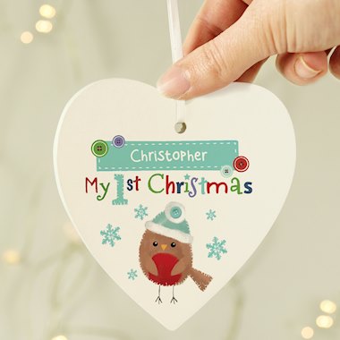 Personalised Felt Stitch Robin My 1st Christmas Wooden Heart Decoration