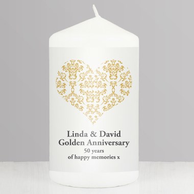 Personalised Gold Damask Heart Pillar Candle