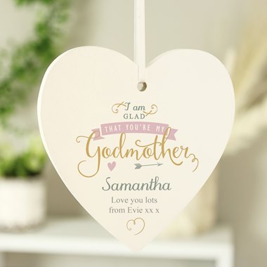 Personalised I Am Glad... Godmother Wooden Heart Decoration