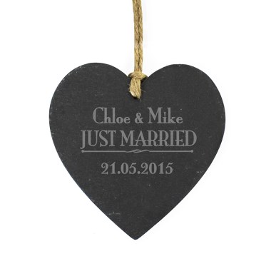 Personalised Just Married... Small Slate Heart Decoration