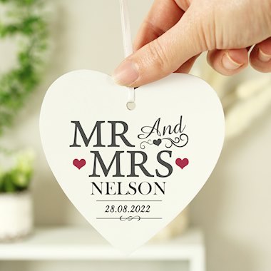 Personalised Mr & Mrs Wooden Heart Decoration