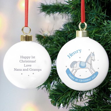 Personalised 1st Christmas Blue Rocking Horse Bauble