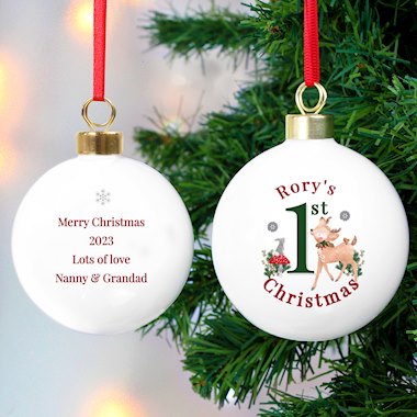 Personalised 1st Christmas Festive Fawn Bauble