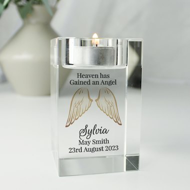 Personalised Angel Wings Memorial Glass Tealight Holder