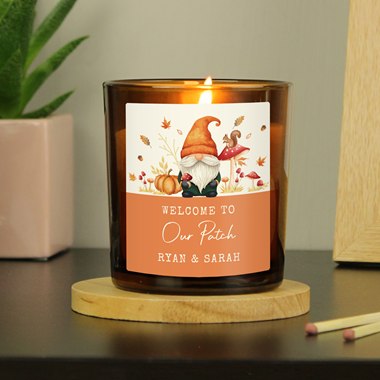 Personalised Autumn Gonk Amber Glass Candle