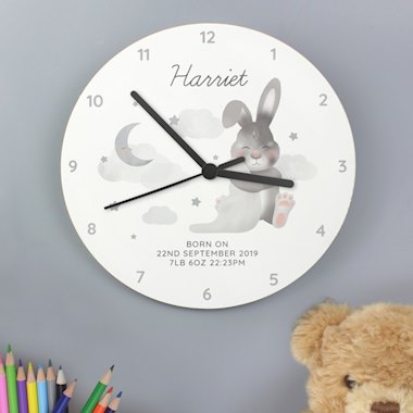 Personalised Baby Bunny White Wooden Clock