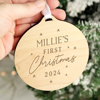 Personalised Babys First Christmas Round Wooden Decoration