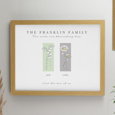 Personalised Birth Flower Family of 2 Oak Framed Print