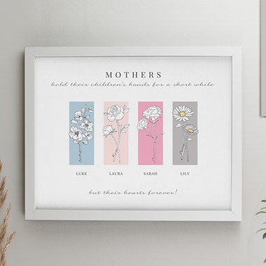 Personalised Birth Flower Family of 4 White Framed Print