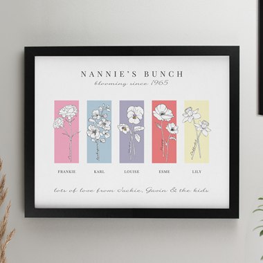 Personalised Birth Flower Family of 5 Black Framed Print