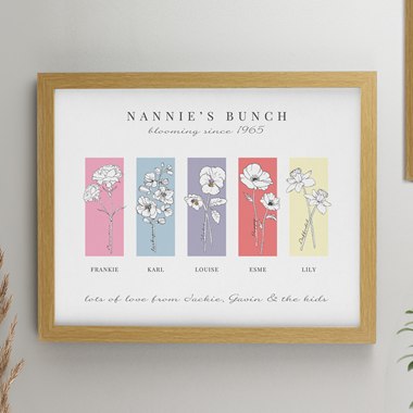 Personalised Birth Flower Family of 5 Oak Framed Print