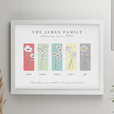 Personalised Birth Flower Family of 5 White Framed Print