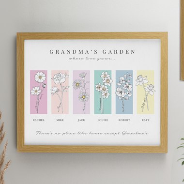 Personalised Birth Flower Family of 6 Oak Framed Print