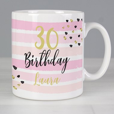 Personalised Birthday Gold and Pink Stripe Mug