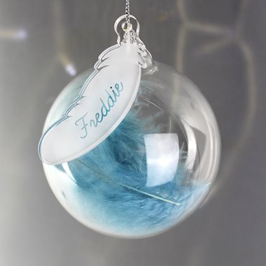 Personalised Blue Feather Glass Bauble