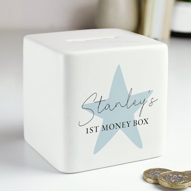 Personalised Blue Star Ceramic Square Money Box