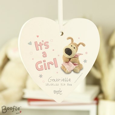 Personalised Boofle Its a Girl Wooden Heart Decoration