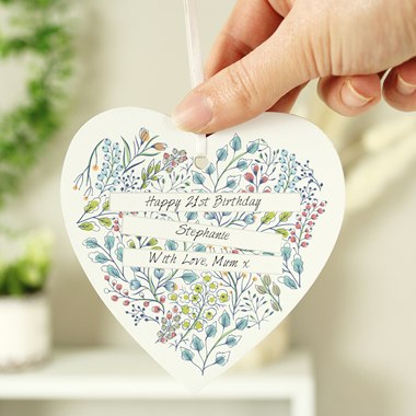 Personalised Botanical Scroll Wooden Heart Decoration