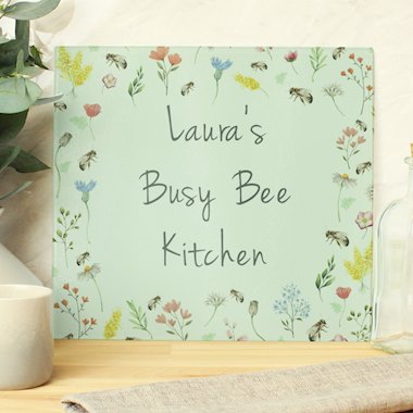Personalised Busy Bee Glass Chopping Board/Worktop Saver